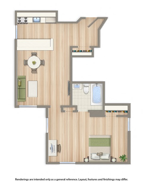 dupont apartments one bedroom floor plan rendering